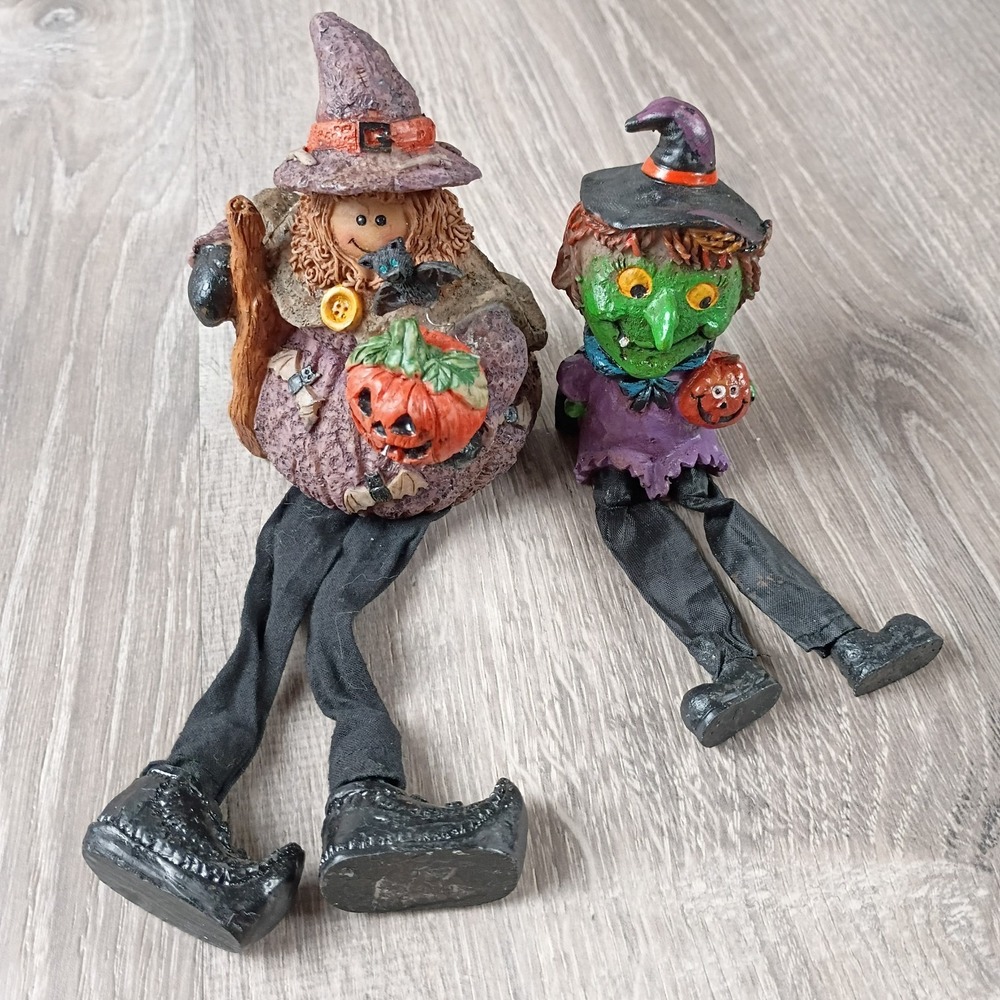 Whimsical Halloween Witch Shelf Sitter Collectible Dolls Decor 2 Pumpkin Dangle